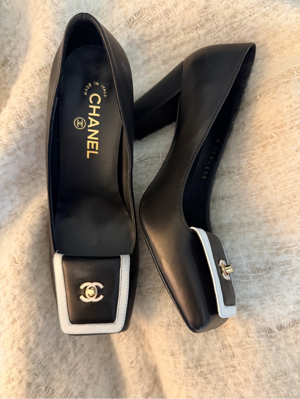 CHANEL Black and White Leather Block Heel Pumps